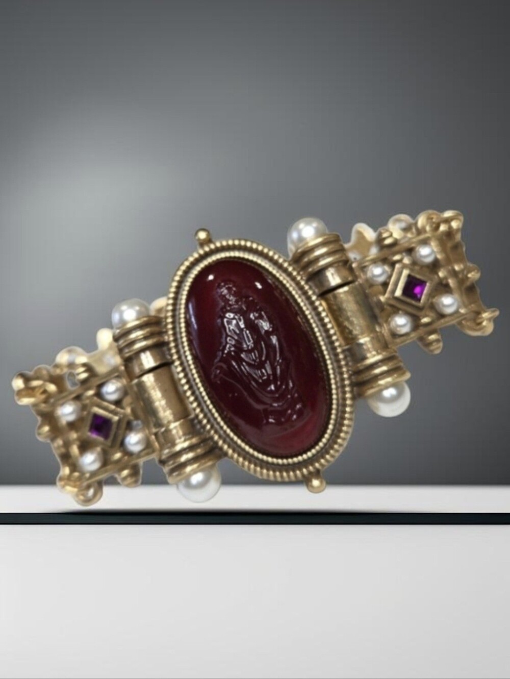 Antiqued Gold Royal Greek Intaglio Pearl Crystal Statement Bracelet